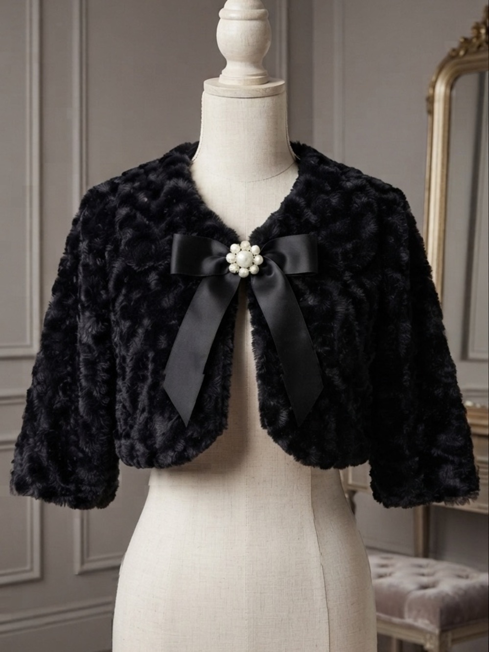 Jolt Faux Fur Cropped Evening Shrug with Bow & Pearl Accent XL